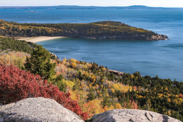 Looking out at the water surrounded by leaves changing in the fall. 