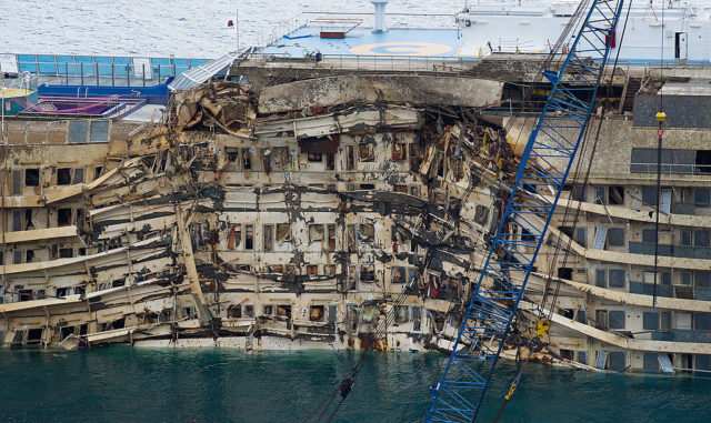Crushed side of the Costa Concordia.