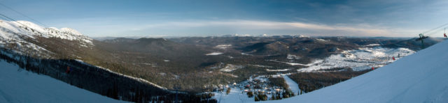 Aerial view looking down at the Sheregesh ski hills. 