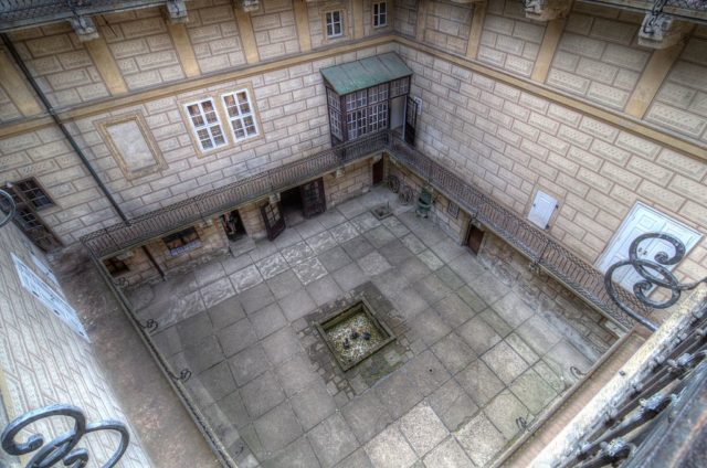 View looking down on a courtyard. 