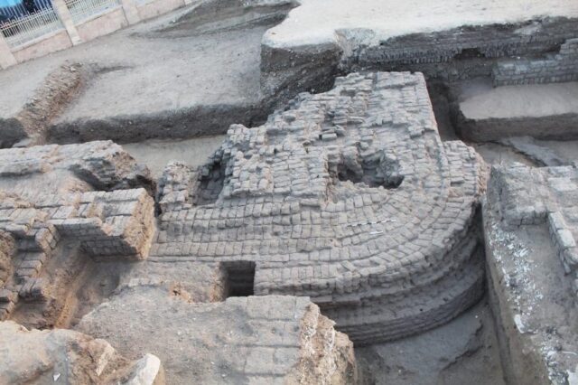 Aerial view of stone ruins. 