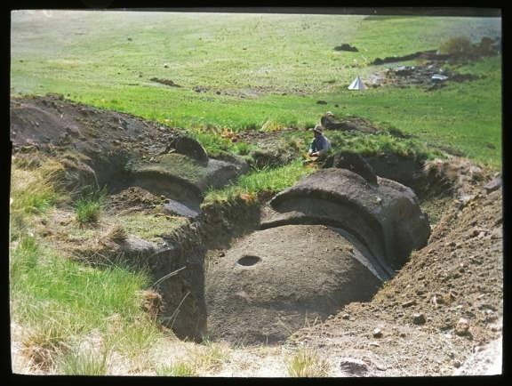 Archaeologist standing beside two half-buried moai statues