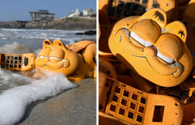 A photo of a Garfield phone on a beach beside a photo of Garfield phone parts collected in a pile.