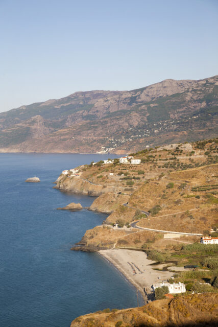 Aerial view of the Ikarian coastline against the Aegean Sea.