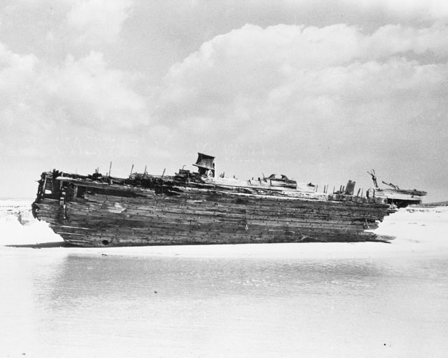 Wreck of Carroll A. Deering on a beach.