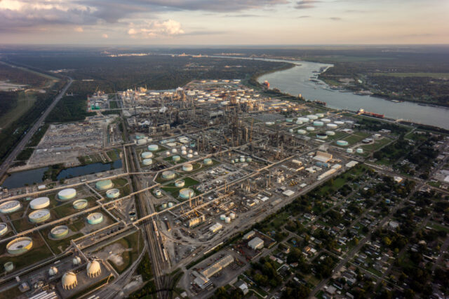 Aerial view of 'Cancer Alley' chemical plants along the Mississippi River.
