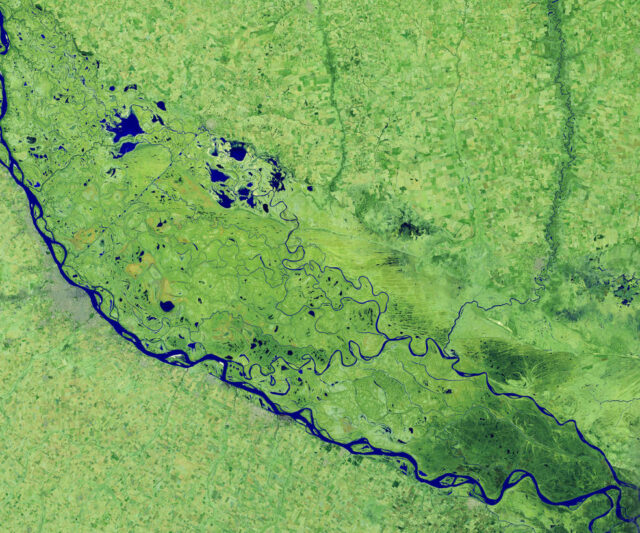 A satellite view of a river winding through a mass of green earth.