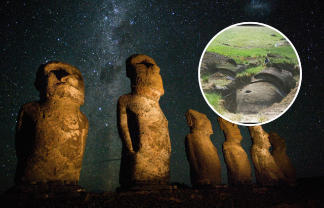 Line of moai statues at night + Archaeologist standing beside two half-buried moai statues