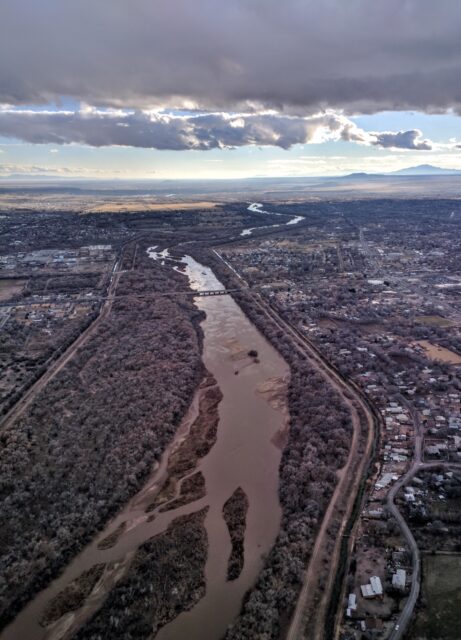 Aerial view of the Rio Grande and the city of Albuquerque.