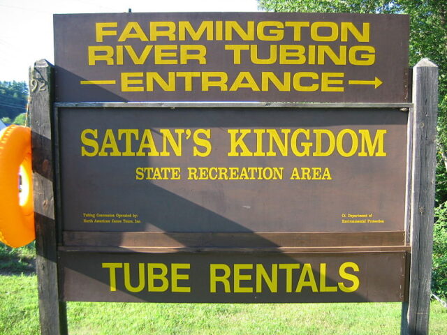 Satan's Kingdom State Recreation Area and tube rental sign.