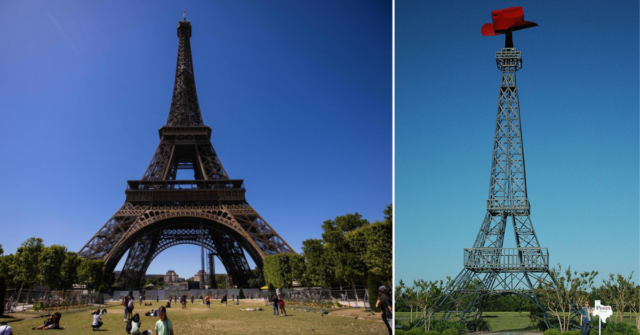 Crowd beneath the Eiffel Tower in Paris, France + View of the Eiffel Tower in Paris, Texas