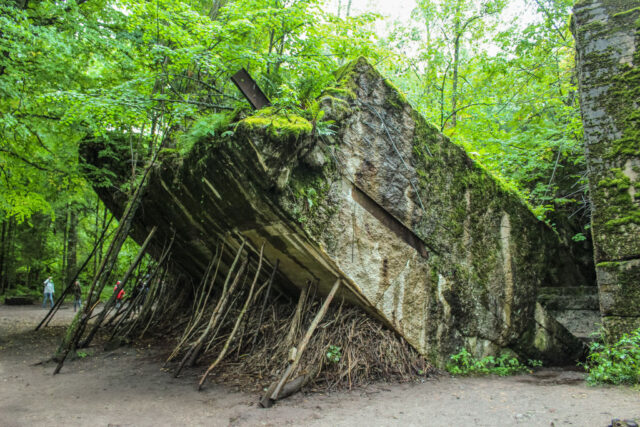 Piece of concrete wall leaning over in a forest with numerous sticks propped up against the bottom.