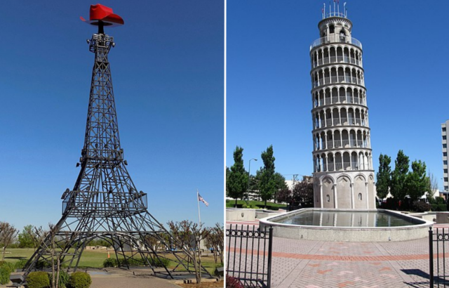 Replica of the Eiffel Tower in Paris, Texas + Exterior of the Leaning Tower of Niles