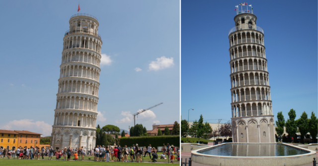 Crowd surrounding the Leaning Tower of Pisa in Italy + View of the Leaning Tower of Niles in Illinois