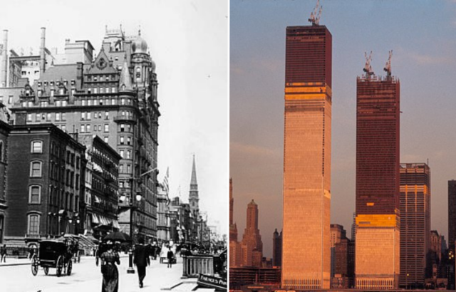 Exterior of the Waldorf-Astoria + Twin Towers under construction
