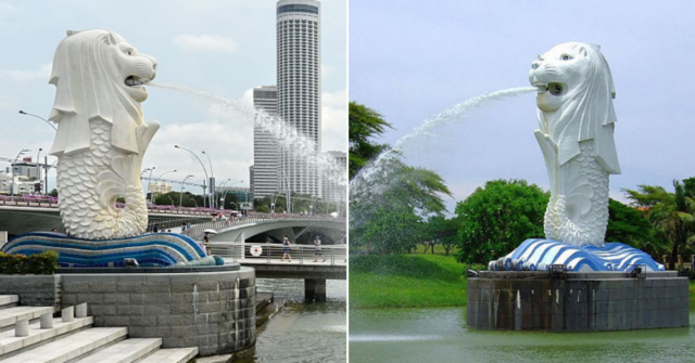 Tourists viewing the Merlion in Singapore's Marina Bay + Merlion replica in Indonesia