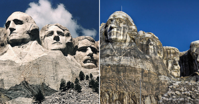 Mount Rushmore in Keystone, South Dakota + Mount Rushmore replica in the Western Village theme park in Japan