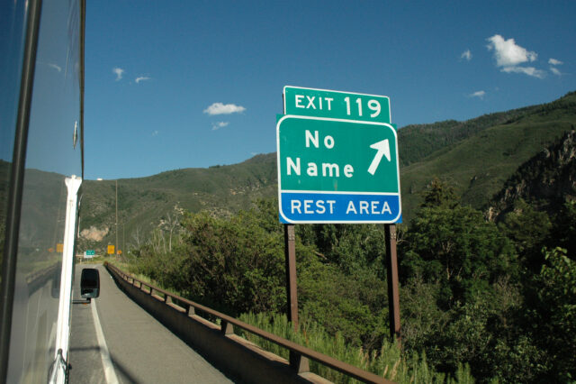 Highway exit sign for No Name, Colorado. 