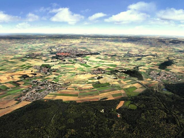 A far away view of the crater caused by a meteor that struck the earth, where the city of Nordlingen is located.