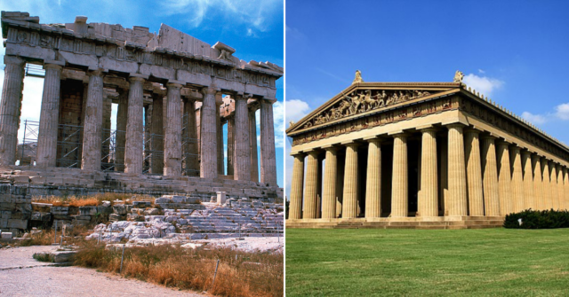 Exterior of the Parthenon in Athens, Greece + Exterior of the Parthenon replica in Nashville, Tennessee