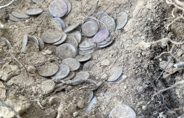 Silver coins partially buried in the ground