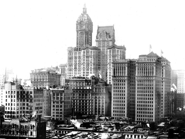 Exterior of the Singer Building with the Hudson Terminal