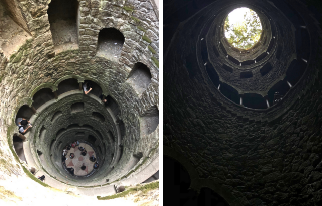 The view looking down into a well with a spiral staircase and a compass design on its floor beside the view from the bottom of a well looking up to its opening.