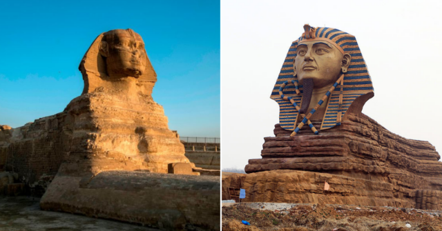 Sphinx at sunset at the Great Pyramids + Sphinx replica in Anhui province, China