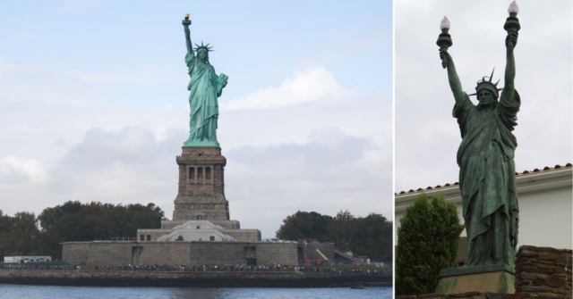 Crowd walking near the base of the Statue of Liberty in New York + Replica of the Statue of Liberty holding up two flames in Cadaqués, Spain