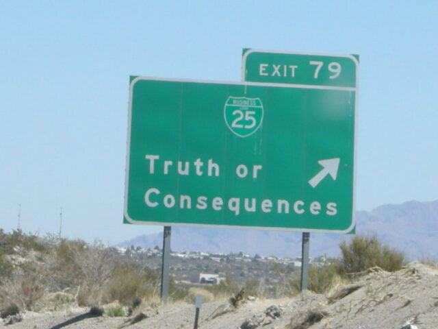 Interstate 25 exit sign for Truth or Consequences. 