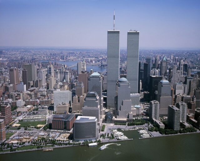 Twin Towers rising into the Lower Manhattan skyline