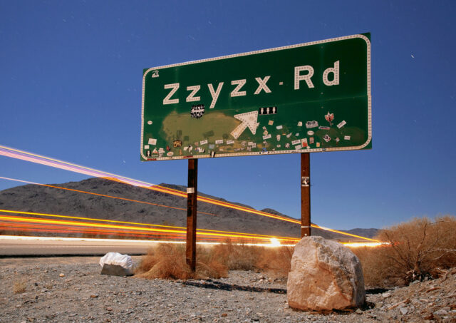 Zzyzx interstate 15 exit sign.