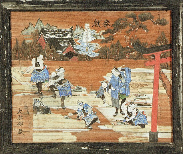 A painting of carpenters constructing a shrine