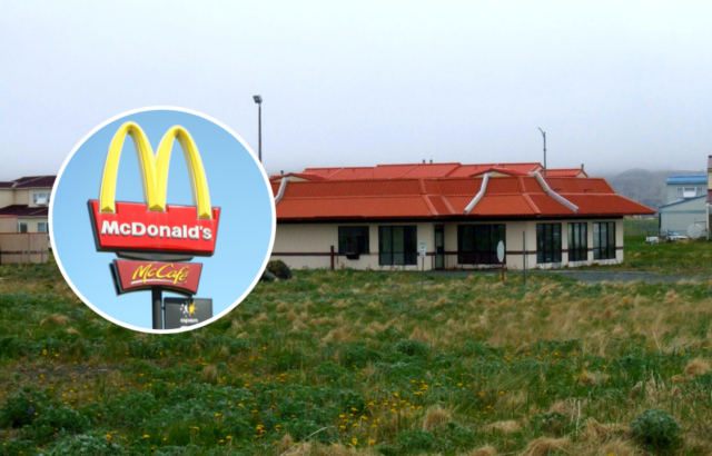 Exterior of the abandoned McDonald's near the Adak Army Base and Naval Air Facility + McDonald's sign