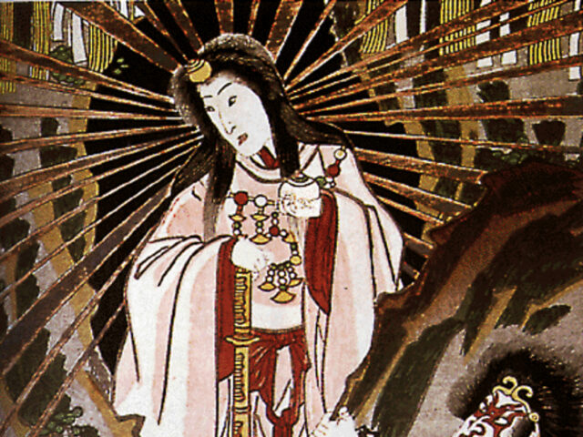 A cropped version of an illustration of the sun goddess Amaterasu emerging from a cave.
