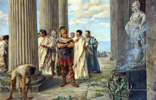 Julius Caesar stands before a statue of Alexander the Great at the temple of Hercules Gaditano by Federico Godoy Castro, 1894.
