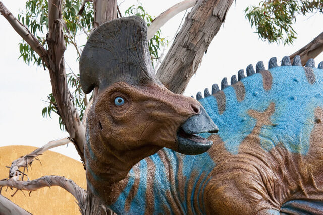 Life-size fiberglass statue of a Hadrosaurian in front of a tree