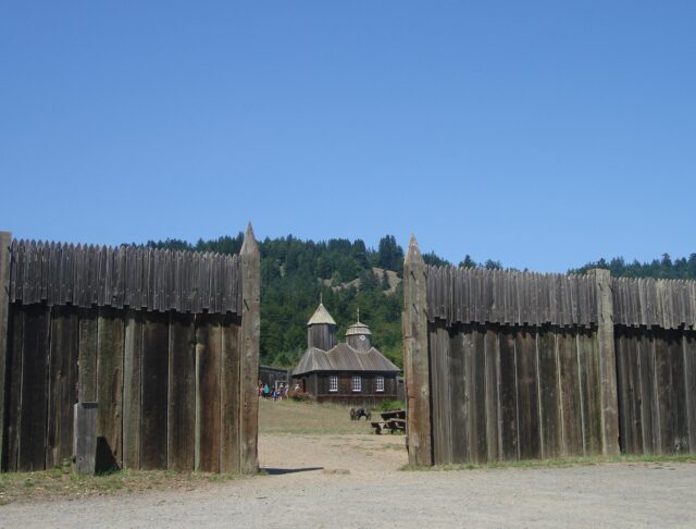 View of the Russian Orthodox chapel inside Fort Ross from outside the Fort's walls.