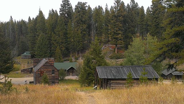 Wooden buildings in tall grass