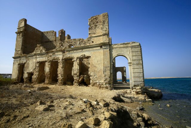 A decaying building on the coast of the Red Sea.