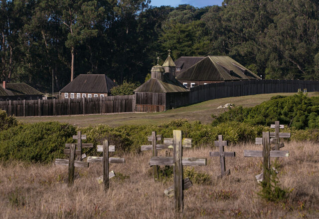 a small cemetery in front of Fort Ross