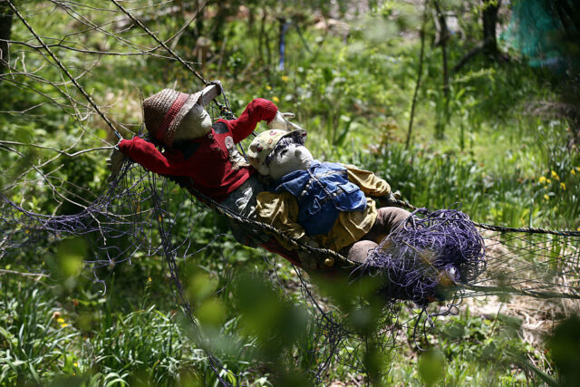 Two dolls swing in a hammock over green grass.