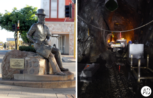 A statue of Paddy Hannan, left, and operations At KCGM's Super Pit Gold Mine in Kalgoorlie, right
