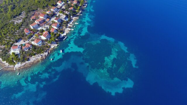 Aerial view of the coastline of Korčula