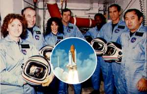 The crew of the Challenger Space Shuttle smiling holding their helmets, a photo of the space shuttle launch on top.