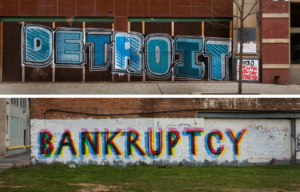 Top: "Detroit" spay painted on a wall in the city's downtown. Bottom: "Bankruptcy" painted on a wall in Detroit.