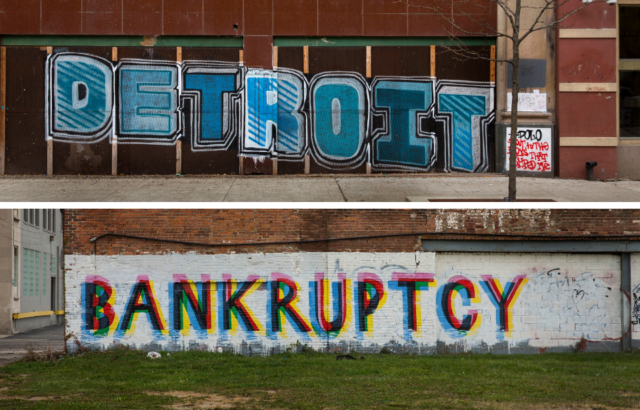 Top: "Detroit" spay painted on a wall in the city's downtown. Bottom: "Bankruptcy" painted on a wall in Detroit.