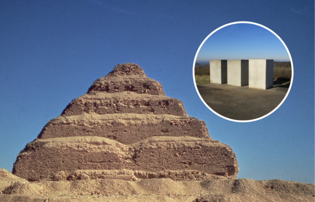 Step Pyramid at Saqqara and a photo of three concrete blocks