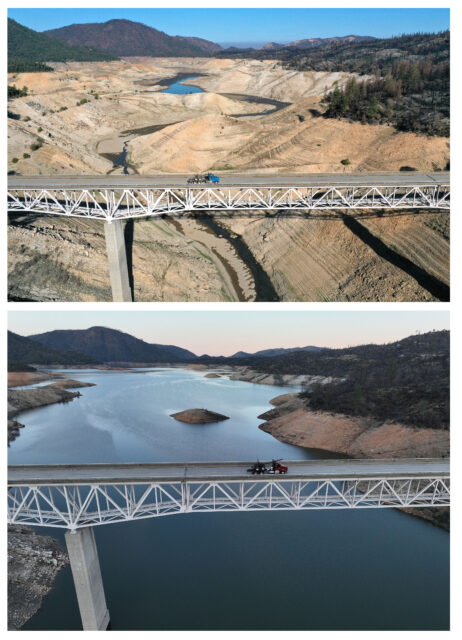 Before and after photo of how Lake Oroville looked during the drought and at full water capacity