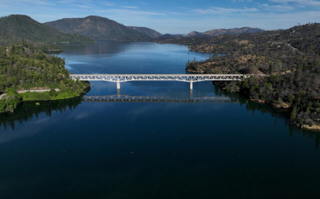 Aerial view of the Enterprise Bridge crossing over Lake Oroville